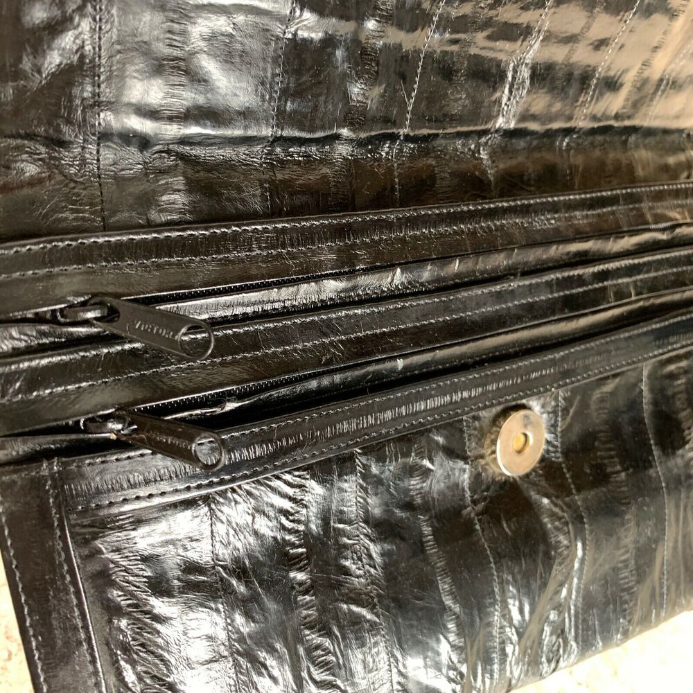 Black Genuine Eel Skin Envelope Clutch Bag Handbag with Pockets Nice! - Picture 5 of 9